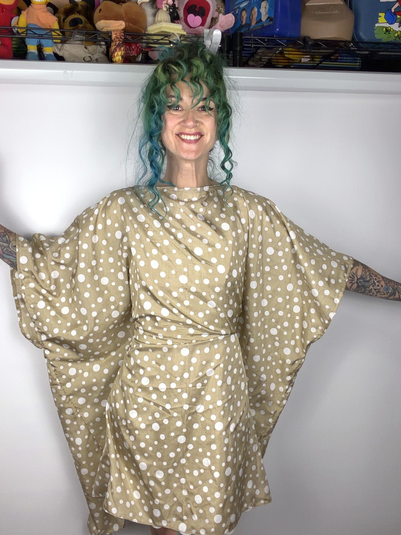 Handmade brown and white polka dot kaftan dress by Time to Waste