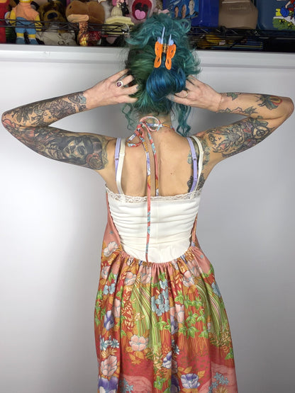 Handmade backless Hawaiian print dress — back view