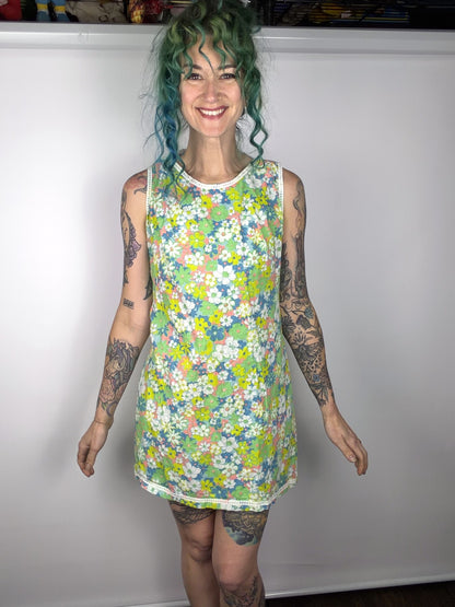 Handmade neon floral mini dress by Time to Waste