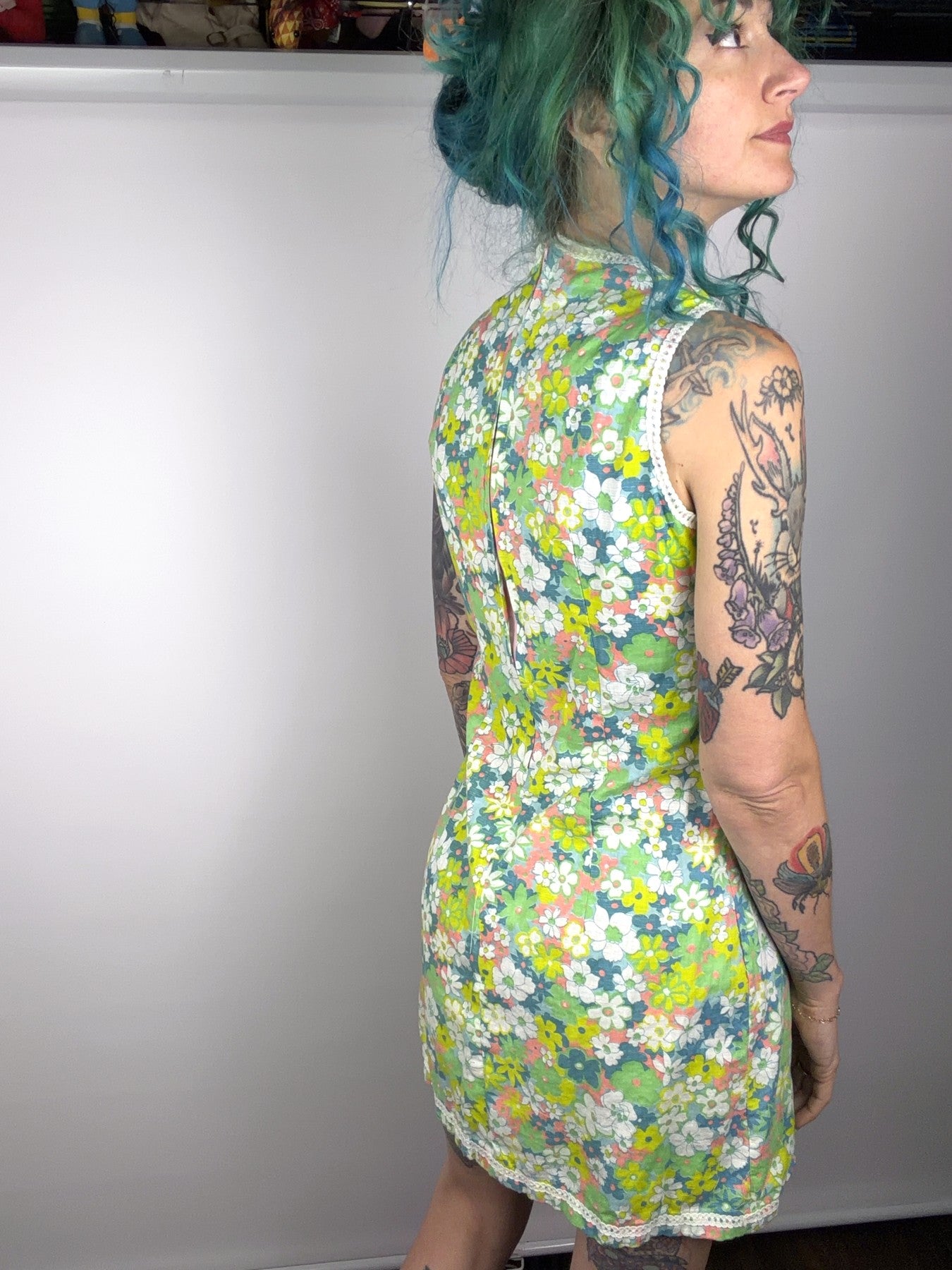 Handmade neon floral mini dress — view 2