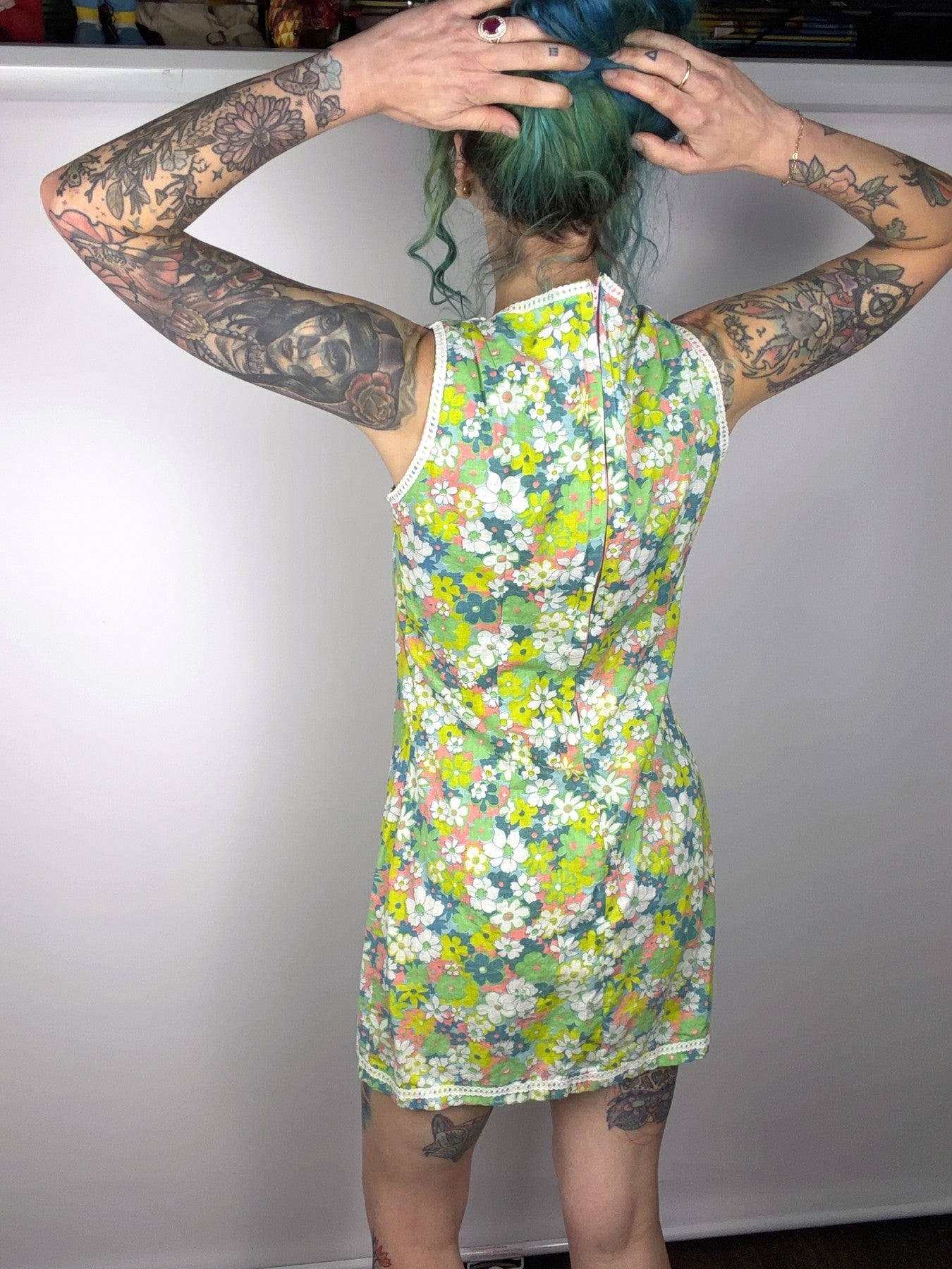 Handmade neon floral mini dress — view 3
