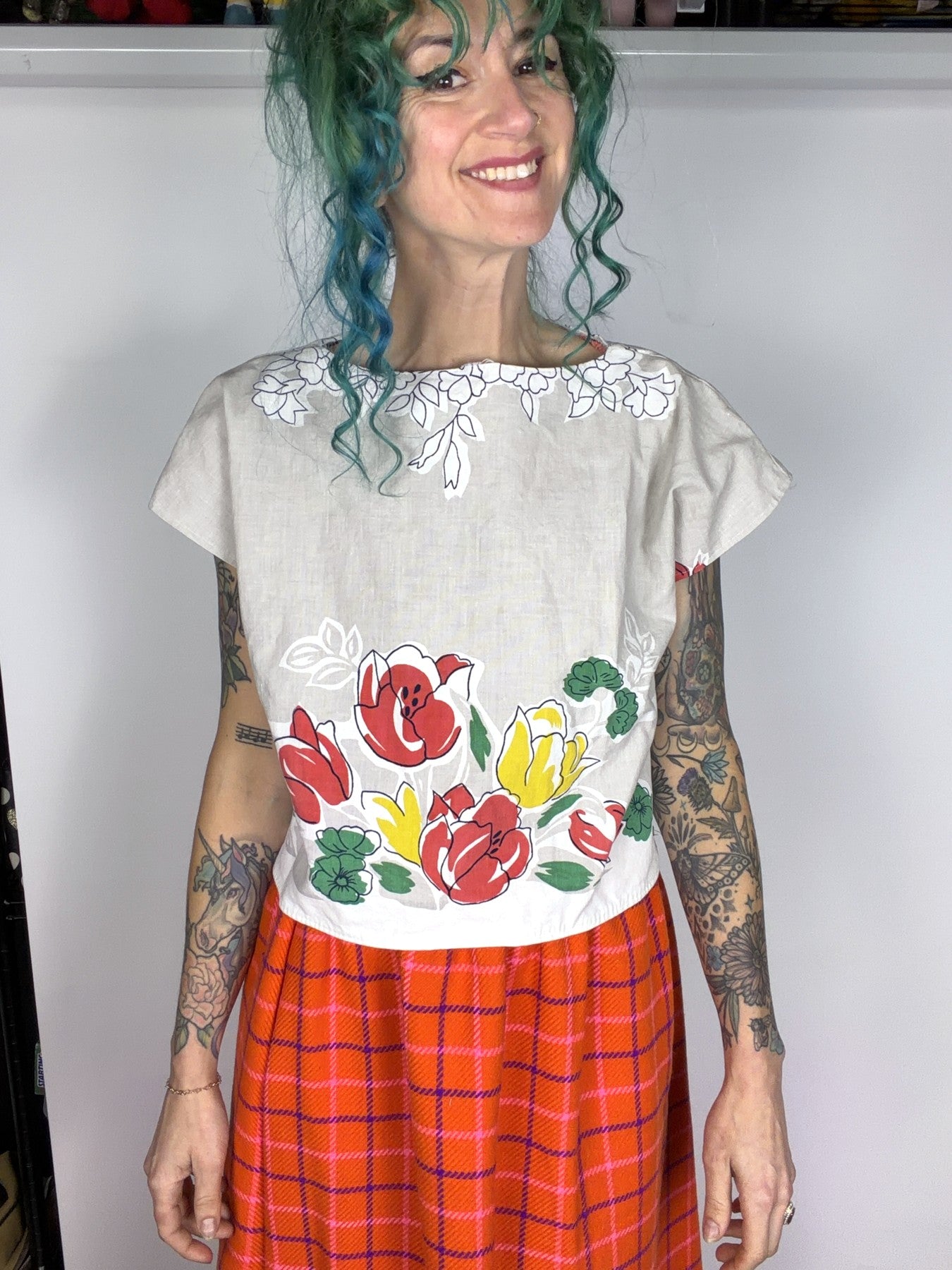 Upcycled vintage tablecloth top by Time to Waste