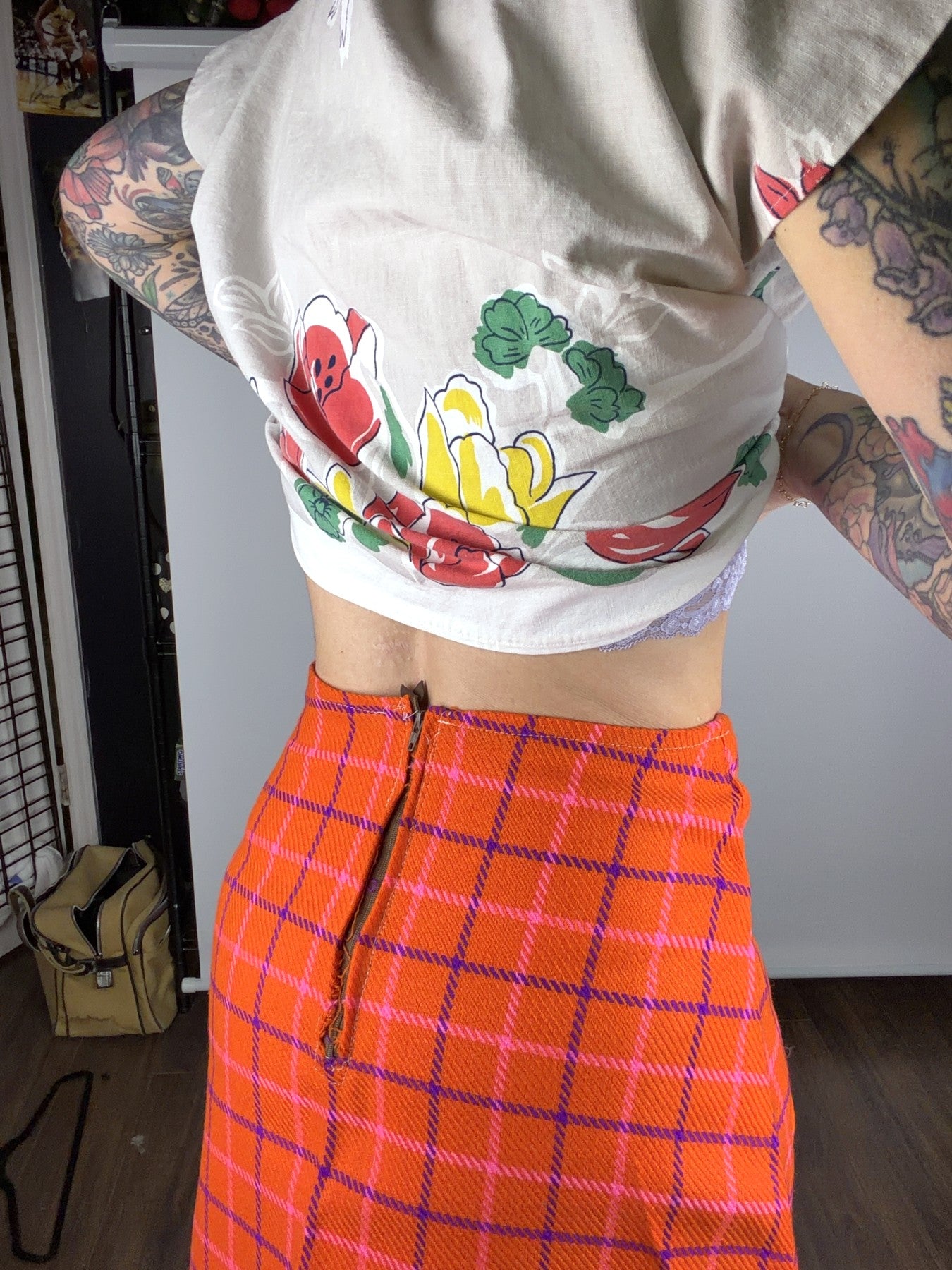Handmade orange plaid mini skirt — view 3
