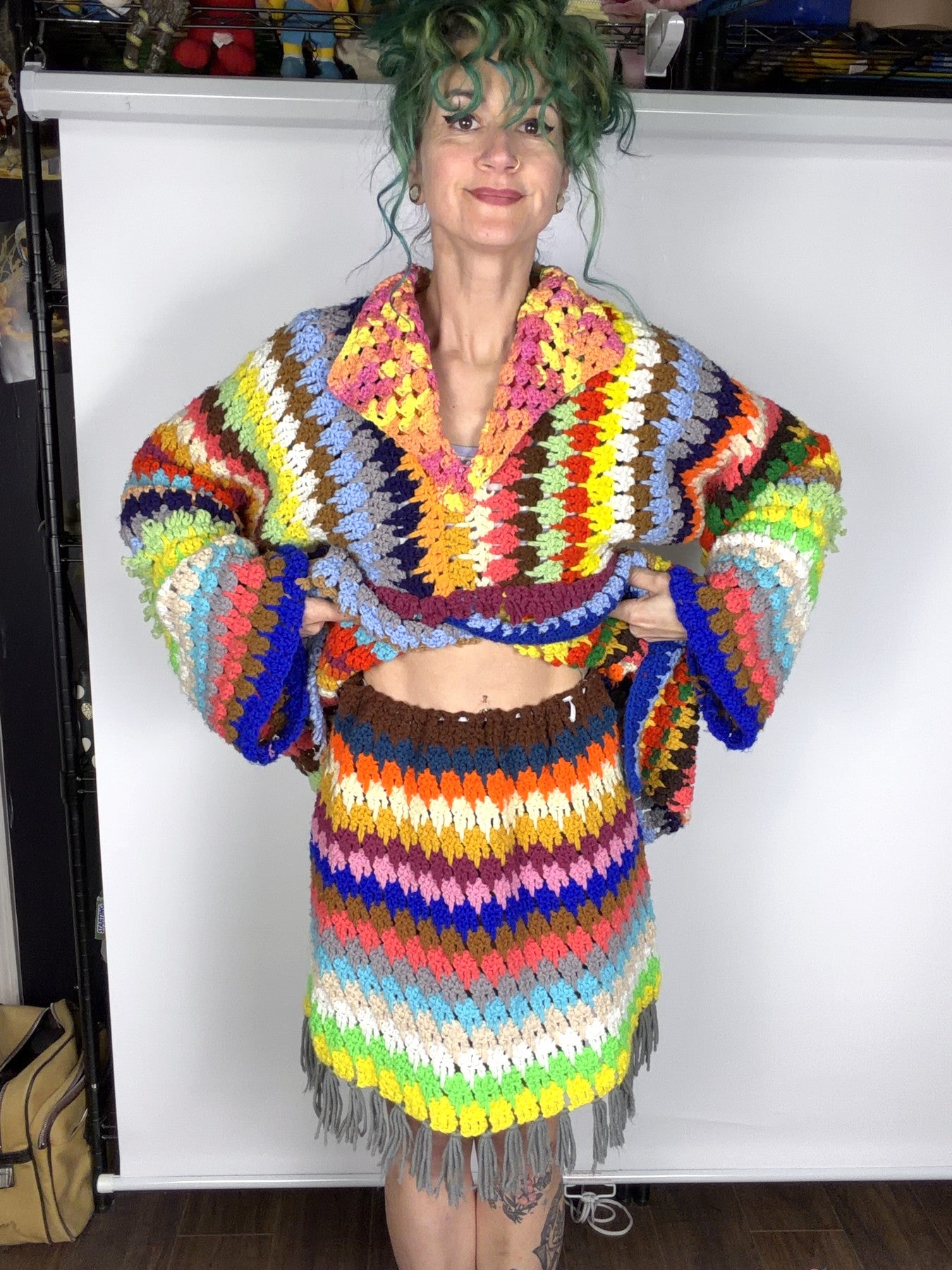 Upcycled rainbow blanket skirt and tunic set — view 2